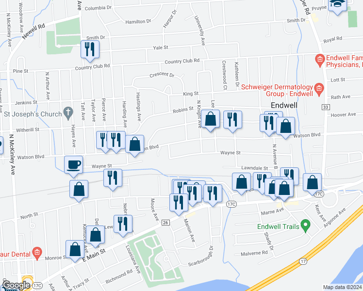 map of restaurants, bars, coffee shops, grocery stores, and more near 2900 Wayne Street in Endwell