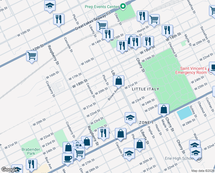 map of restaurants, bars, coffee shops, grocery stores, and more near 912 West 21st Street in Erie