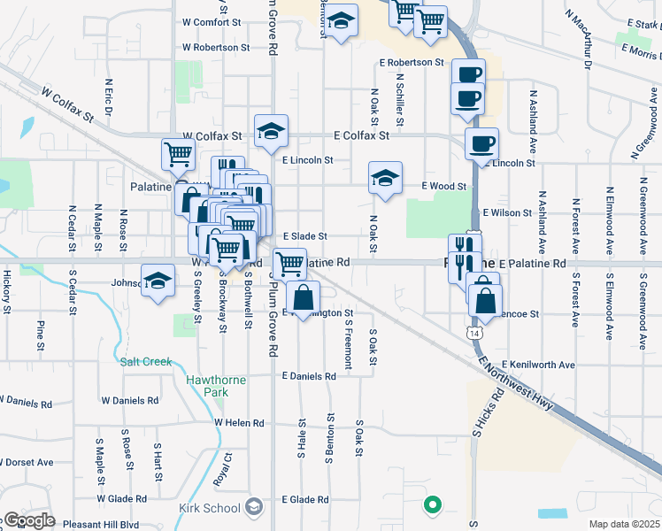map of restaurants, bars, coffee shops, grocery stores, and more near 59 South Hale Street in Palatine