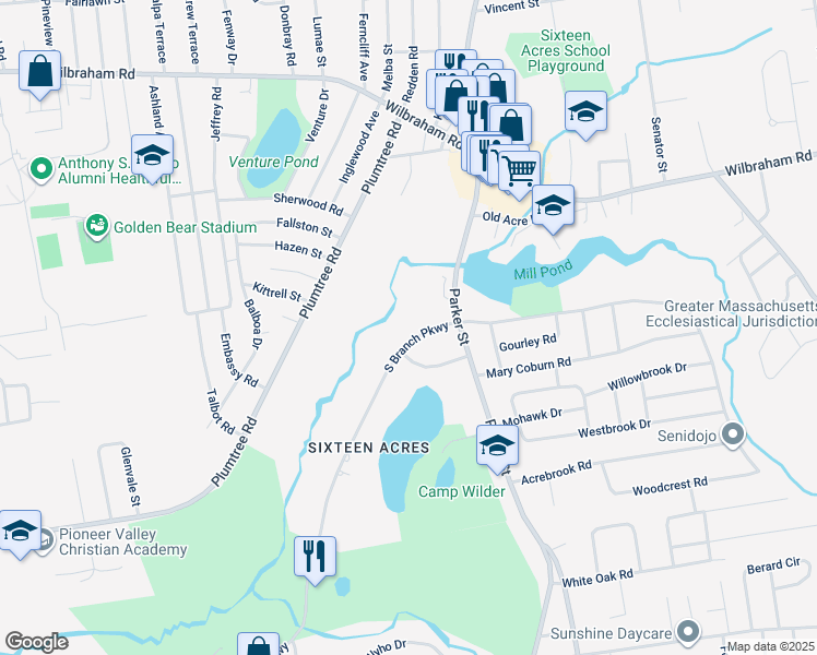 map of restaurants, bars, coffee shops, grocery stores, and more near 1347 South Branch Parkway in Springfield