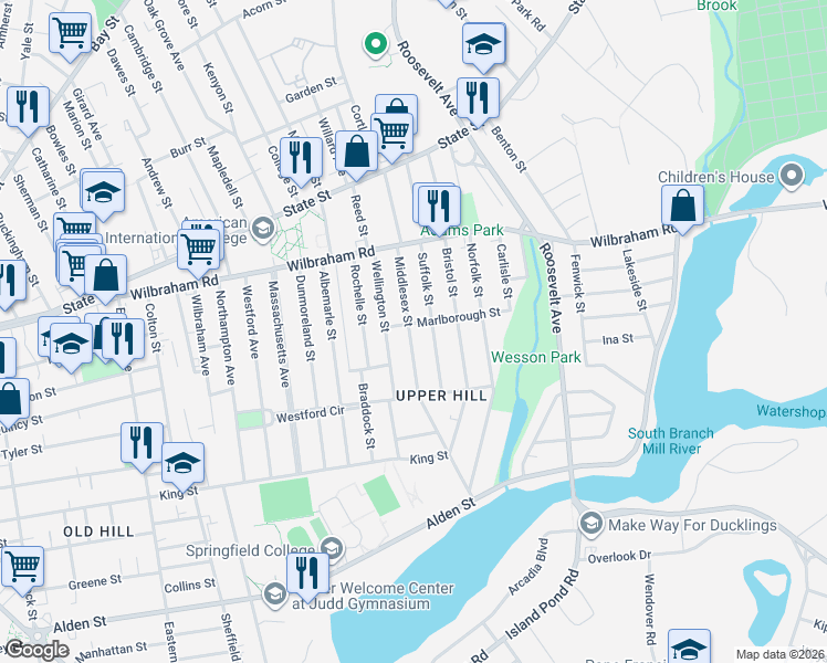 map of restaurants, bars, coffee shops, grocery stores, and more near 116 Suffolk Street in Springfield