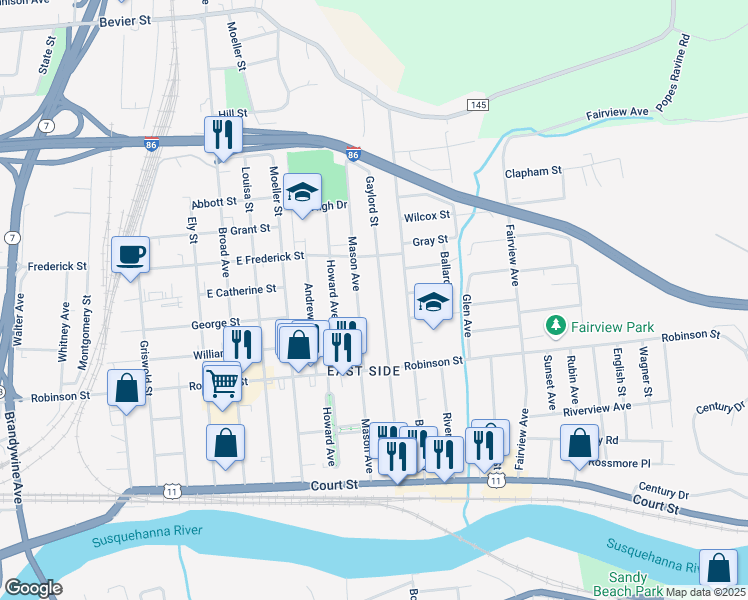 map of restaurants, bars, coffee shops, grocery stores, and more near 67 Mason Avenue in Binghamton