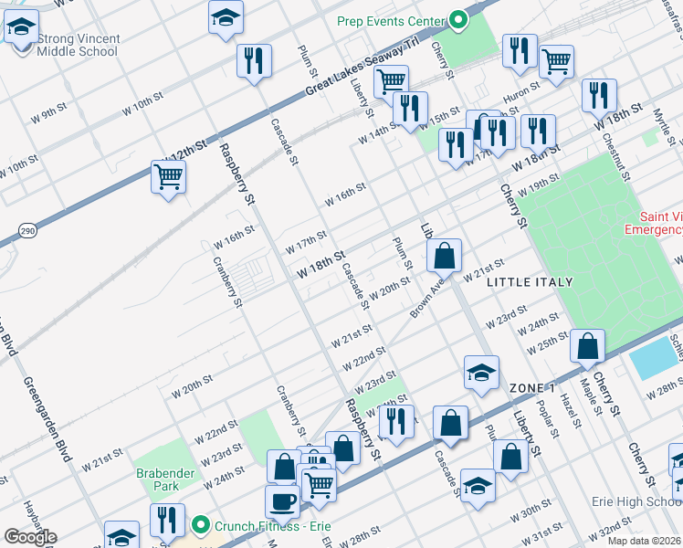 map of restaurants, bars, coffee shops, grocery stores, and more near 1011 West 19th Street in Erie