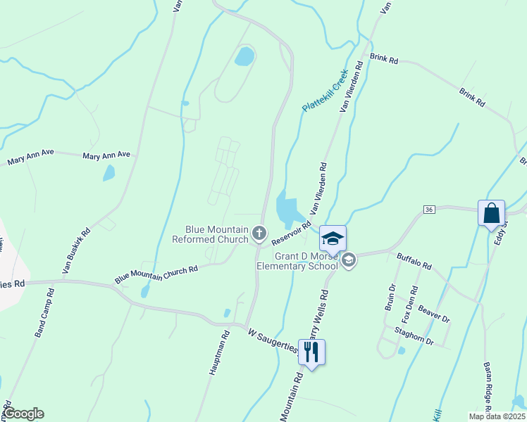 map of restaurants, bars, coffee shops, grocery stores, and more near 593 Blue Mountain Road in Saugerties