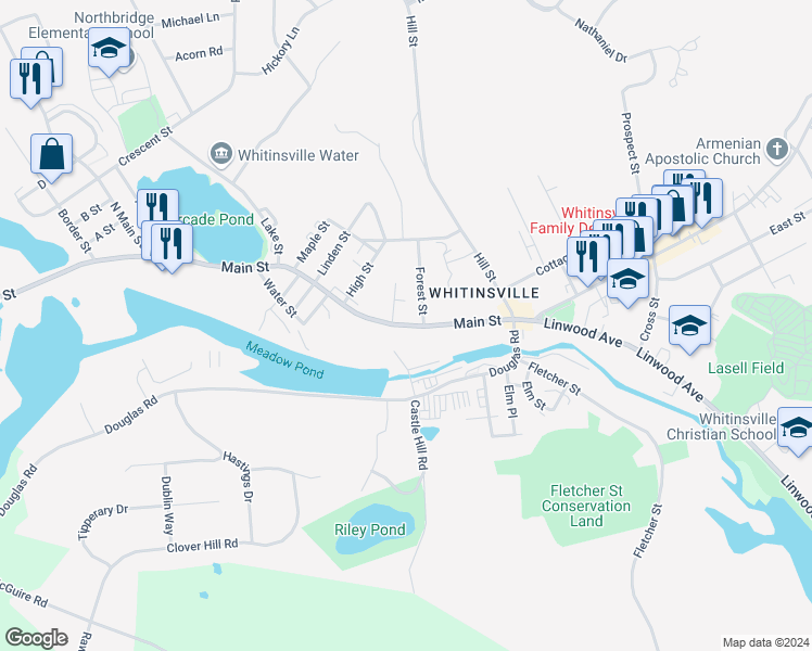 map of restaurants, bars, coffee shops, grocery stores, and more near 112 Main Street in Northbridge