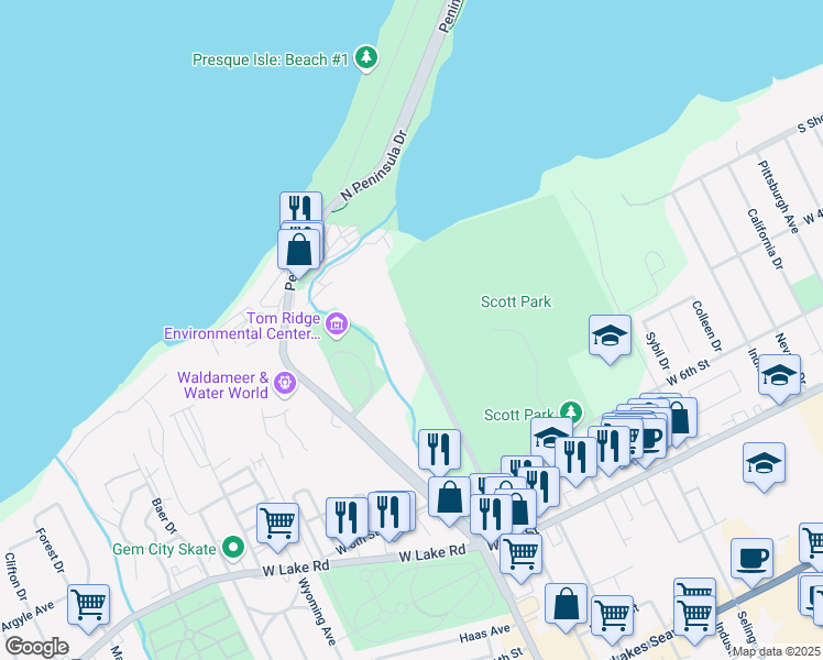 map of restaurants, bars, coffee shops, grocery stores, and more near 303 Presque Isle Boulevard in Erie