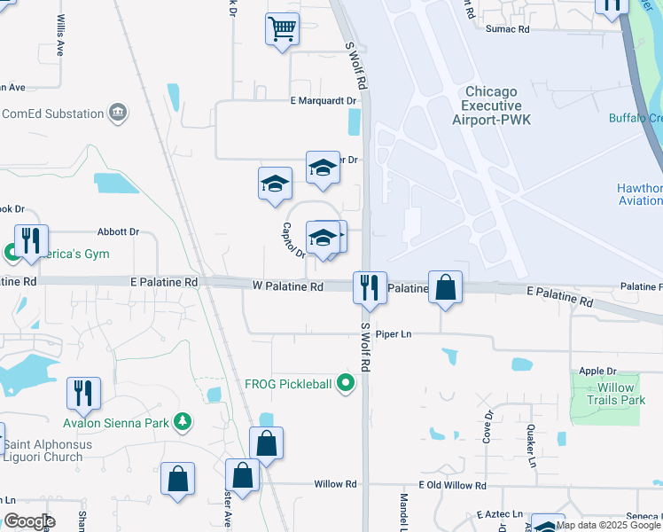 map of restaurants, bars, coffee shops, grocery stores, and more near 9300 Capitol Drive in Wheeling