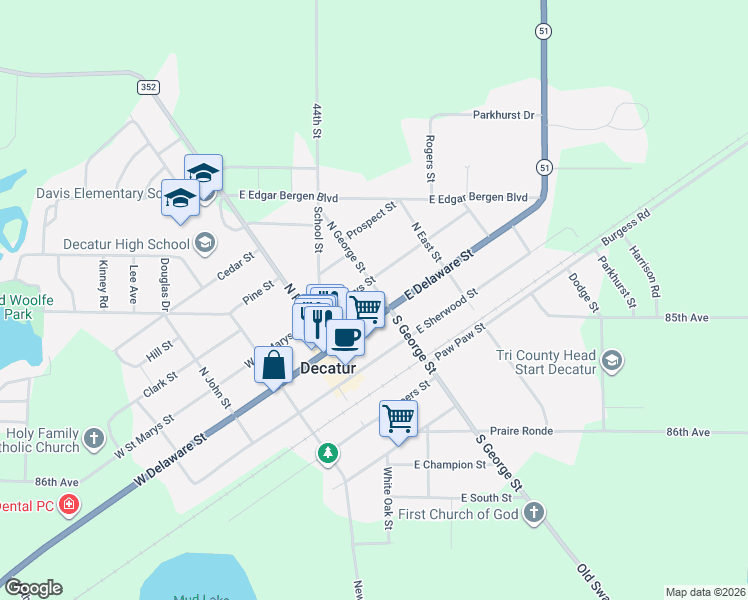 map of restaurants, bars, coffee shops, grocery stores, and more near 201 East Saint Marys Street in Decatur