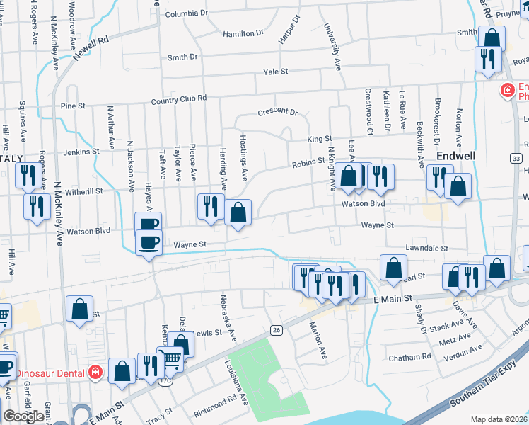 map of restaurants, bars, coffee shops, grocery stores, and more near 2716 Hall Street in Endicott