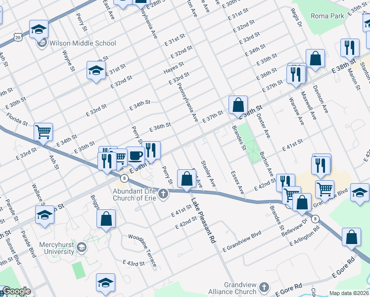 map of restaurants, bars, coffee shops, grocery stores, and more near 3711 East Avenue in Erie