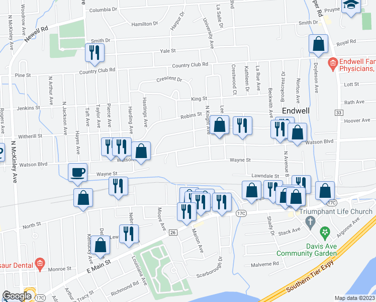 map of restaurants, bars, coffee shops, grocery stores, and more near 2730 Watson Boulevard in Endwell