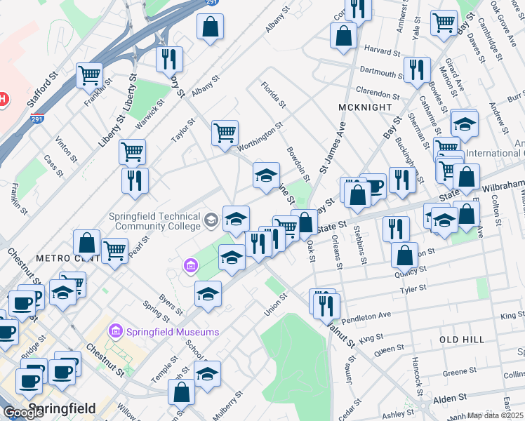 map of restaurants, bars, coffee shops, grocery stores, and more near 1 Federal Street in Springfield