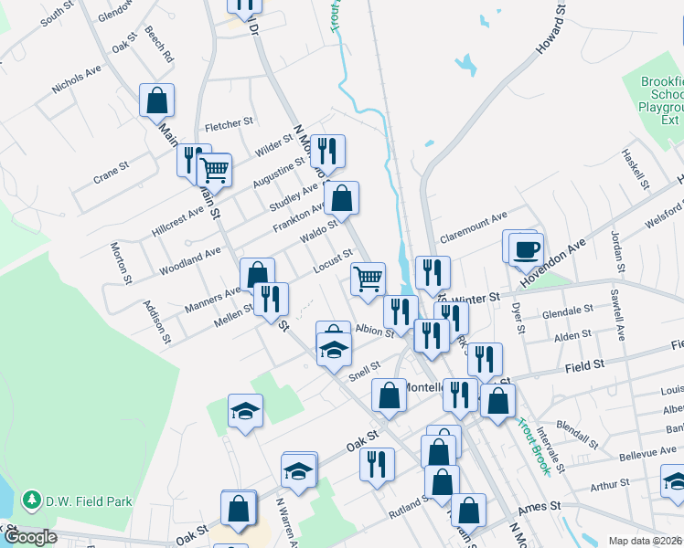 map of restaurants, bars, coffee shops, grocery stores, and more near 10 Acton Avenue in Brockton