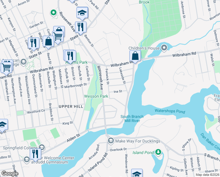 map of restaurants, bars, coffee shops, grocery stores, and more near 61 Fenwick Street in Springfield