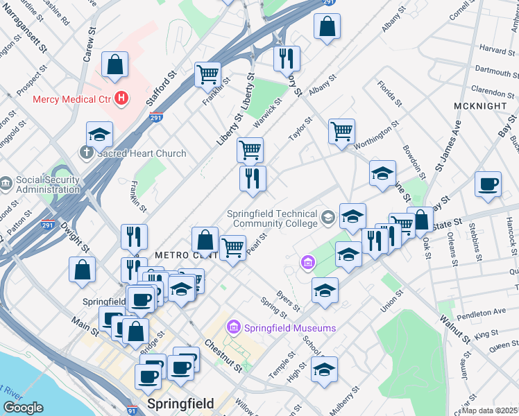 map of restaurants, bars, coffee shops, grocery stores, and more near 359-361 Taylor Street in Springfield