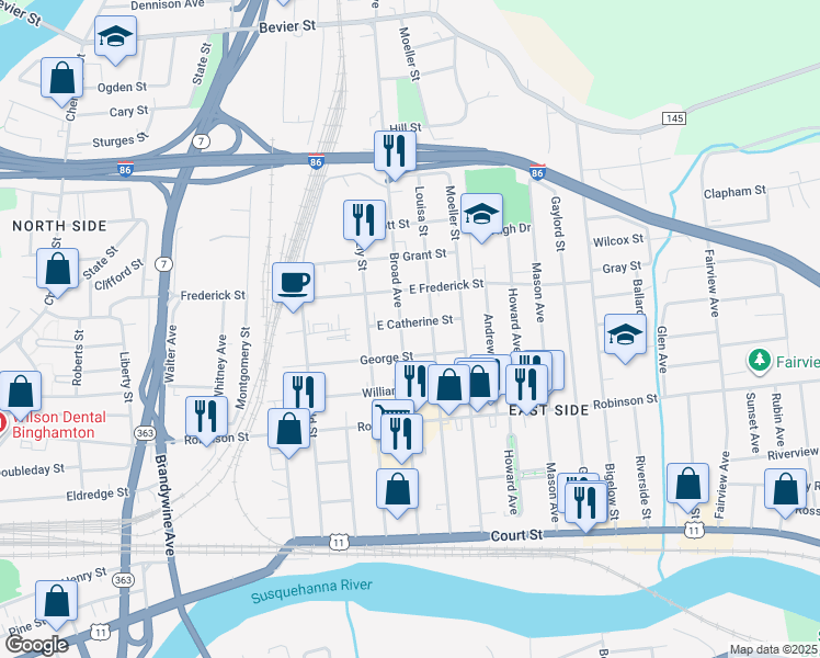 map of restaurants, bars, coffee shops, grocery stores, and more near 63 Louisa Street in Binghamton
