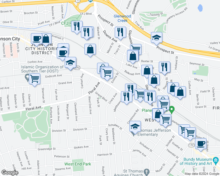 map of restaurants, bars, coffee shops, grocery stores, and more near 9 Emma Street in Binghamton