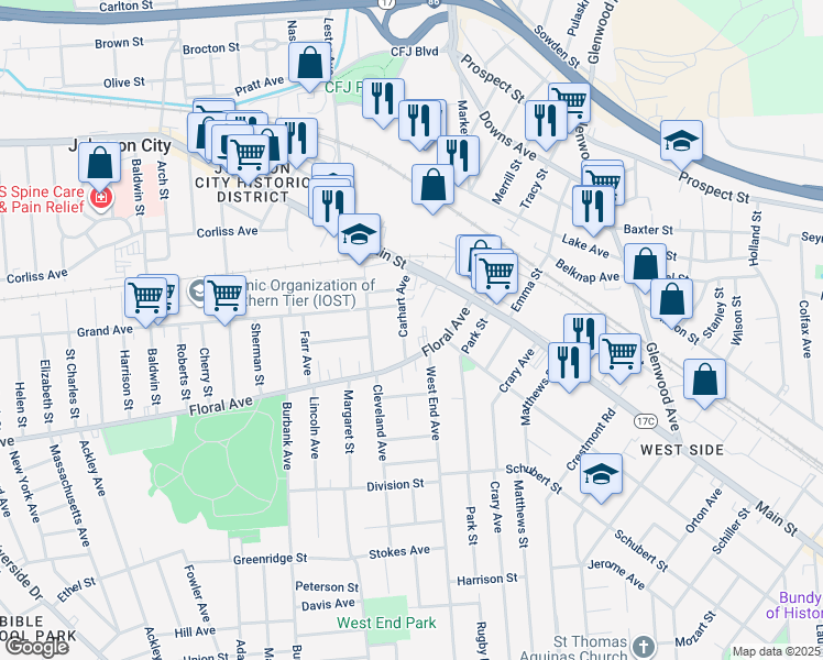 map of restaurants, bars, coffee shops, grocery stores, and more near 13-15 Grand Avenue in Johnson City