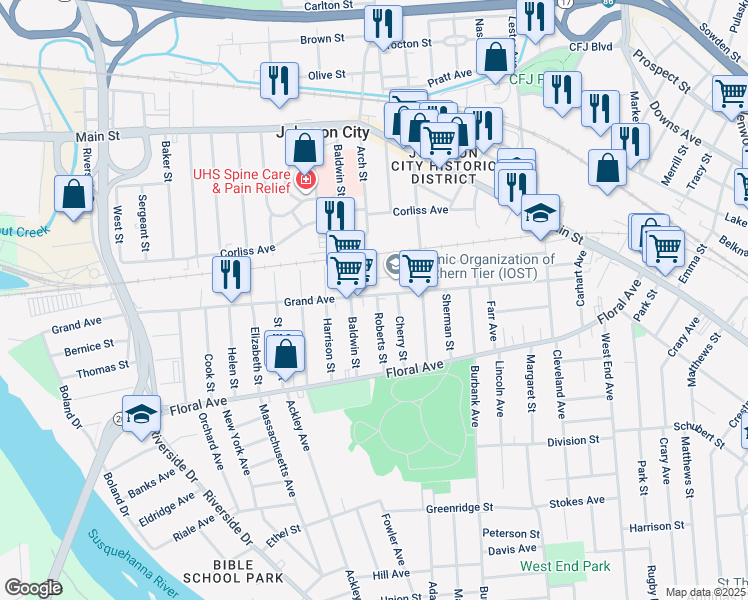 map of restaurants, bars, coffee shops, grocery stores, and more near 55 Pleasant Street in Johnson City