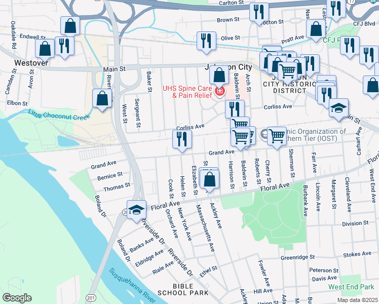 map of restaurants, bars, coffee shops, grocery stores, and more near 135 Allen Street in Johnson City
