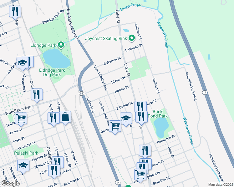 map of restaurants, bars, coffee shops, grocery stores, and more near 362 Diven Avenue in Elmira