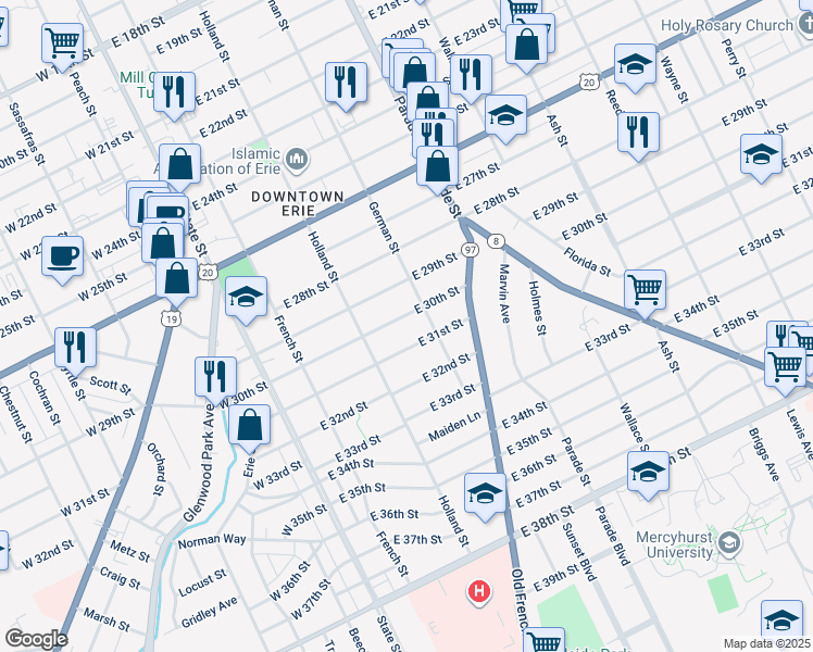 map of restaurants, bars, coffee shops, grocery stores, and more near 264 East 30th Street in Erie