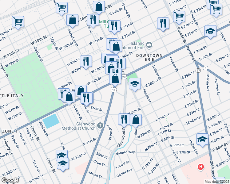 map of restaurants, bars, coffee shops, grocery stores, and more near 2609 Peach Street in Erie