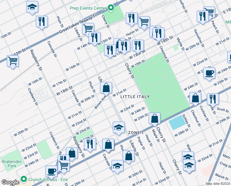 map of restaurants, bars, coffee shops, grocery stores, and more near 709 Brown Avenue in Erie