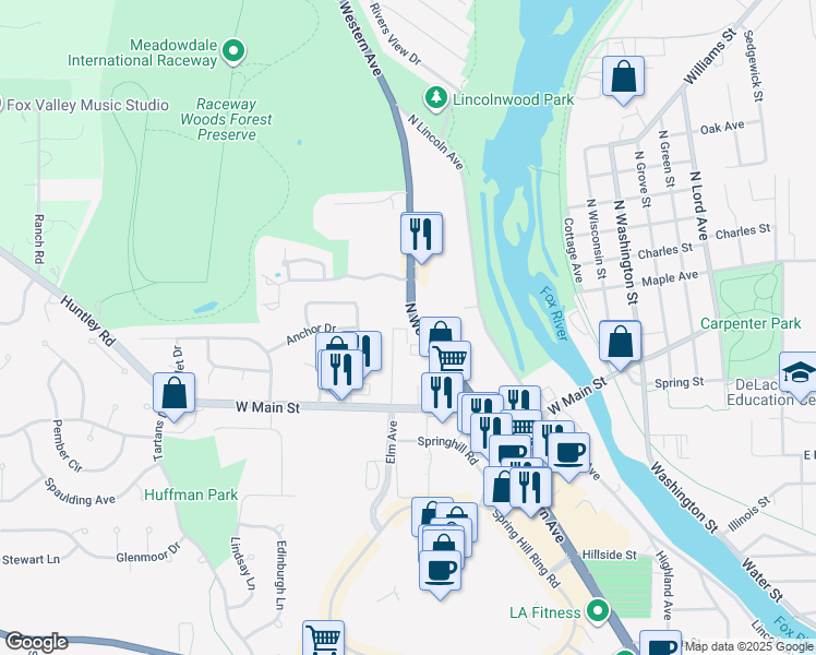 map of restaurants, bars, coffee shops, grocery stores, and more near 50 Canterfield Pkwy W in West Dundee