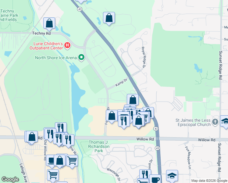map of restaurants, bars, coffee shops, grocery stores, and more near 1004 Enfield Drive in Northbrook