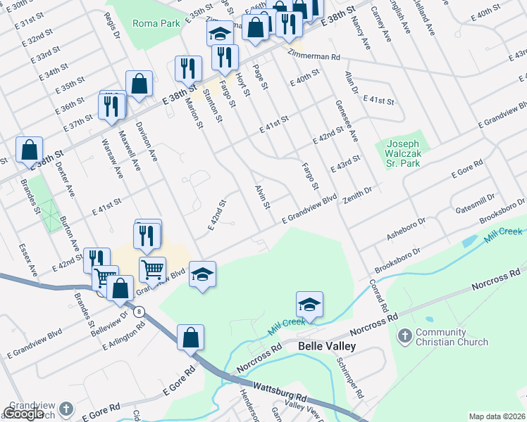 map of restaurants, bars, coffee shops, grocery stores, and more near 4231 Alvin St in Erie