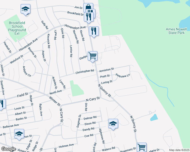 map of restaurants, bars, coffee shops, grocery stores, and more near 12 Armiston Street in Brockton