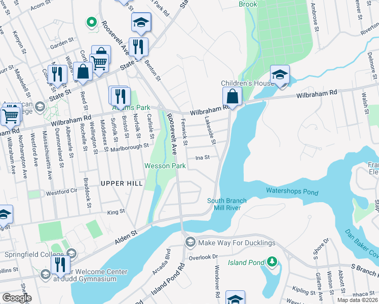map of restaurants, bars, coffee shops, grocery stores, and more near 61 Fenwick Street in Springfield