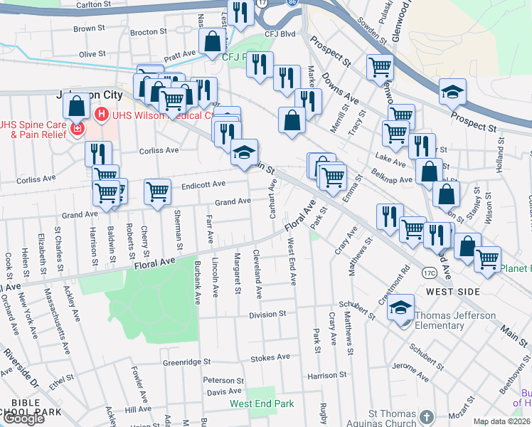 map of restaurants, bars, coffee shops, grocery stores, and more near 13-15 Grand Avenue in Johnson City