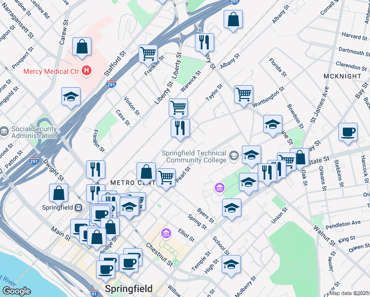 map of restaurants, bars, coffee shops, grocery stores, and more near 359-361 Taylor Street in Springfield