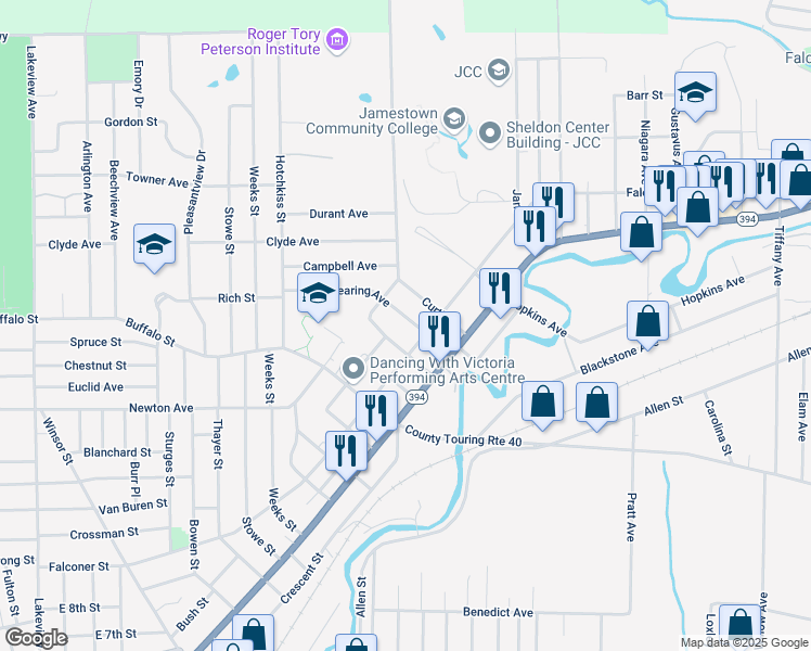 map of restaurants, bars, coffee shops, grocery stores, and more near 26 Dearing Avenue in Jamestown
