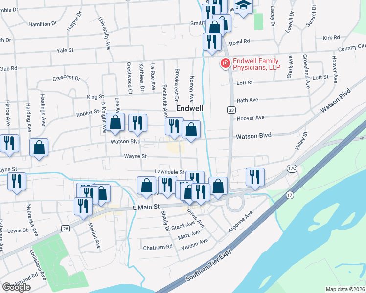 map of restaurants, bars, coffee shops, grocery stores, and more near 3305 Watson Boulevard in Endwell