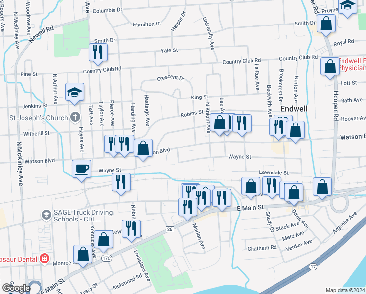 map of restaurants, bars, coffee shops, grocery stores, and more near 2724 Watson Boulevard in Endicott