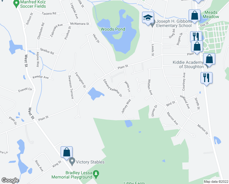 map of restaurants, bars, coffee shops, grocery stores, and more near 79 Edward Kelleher Drive in Stoughton