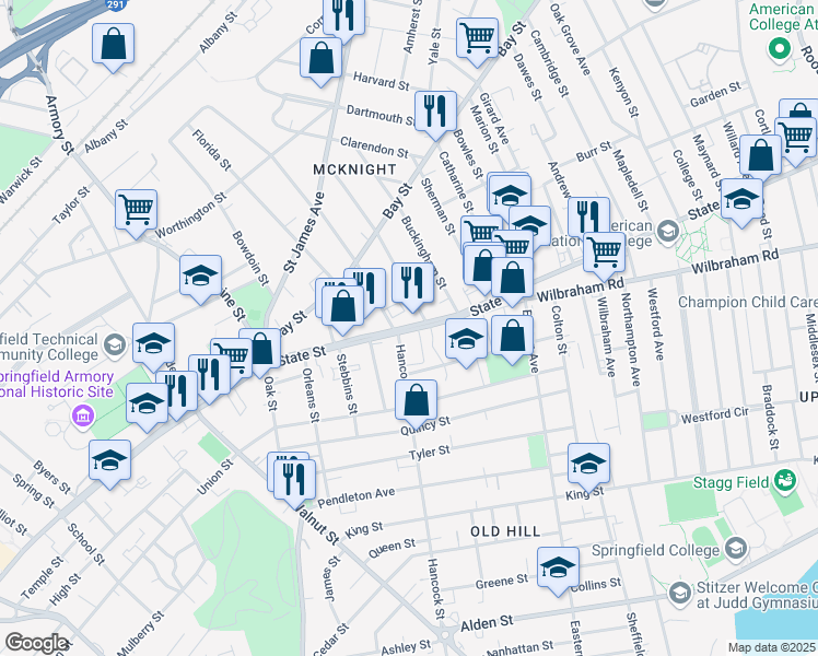 map of restaurants, bars, coffee shops, grocery stores, and more near 22-24 Westminster Street in Springfield