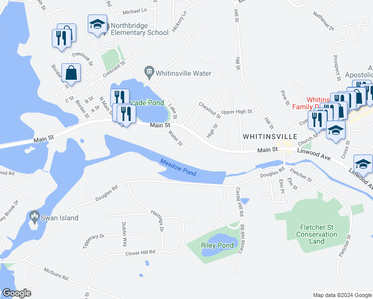 map of restaurants, bars, coffee shops, grocery stores, and more near 38 Water Street in Northbridge
