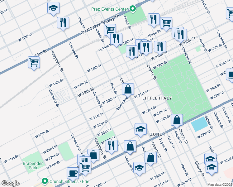 map of restaurants, bars, coffee shops, grocery stores, and more near in Erie