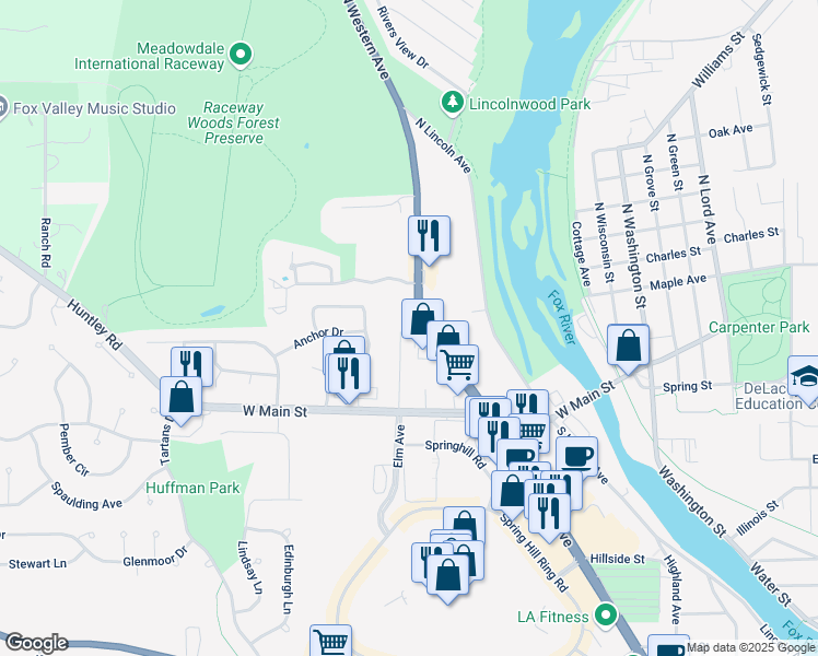 map of restaurants, bars, coffee shops, grocery stores, and more near 131 Spring Court North in Carpentersville