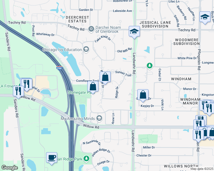 map of restaurants, bars, coffee shops, grocery stores, and more near 2305 White Oak Drive in Northbrook