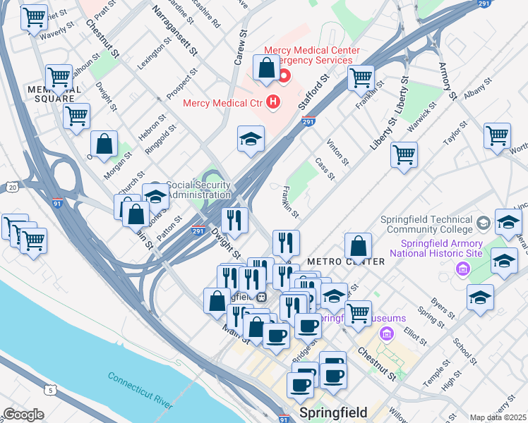 map of restaurants, bars, coffee shops, grocery stores, and more near 345-371 Chestnut St in Springfield
