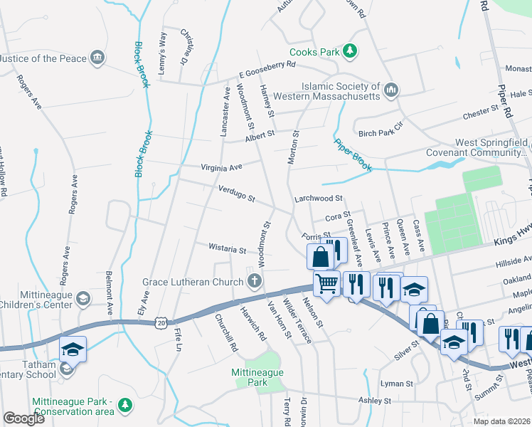 map of restaurants, bars, coffee shops, grocery stores, and more near 56 Verdugo Street in West Springfield