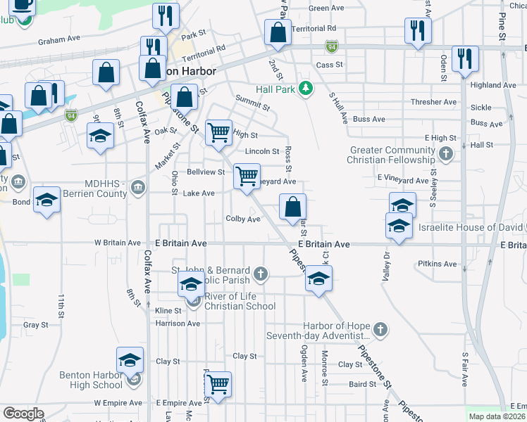 map of restaurants, bars, coffee shops, grocery stores, and more near 385 Pipestone Street in Benton Harbor