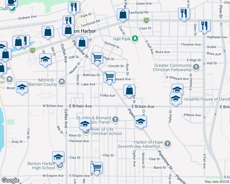 map of restaurants, bars, coffee shops, grocery stores, and more near 385 Pipestone Street in Benton Harbor