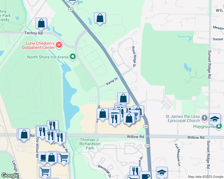 map of restaurants, bars, coffee shops, grocery stores, and more near 2363 Chelsea Road in Northbrook
