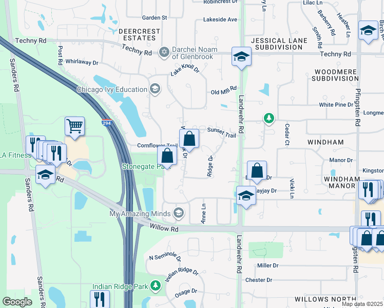 map of restaurants, bars, coffee shops, grocery stores, and more near 2305 White Oak Drive in Northbrook